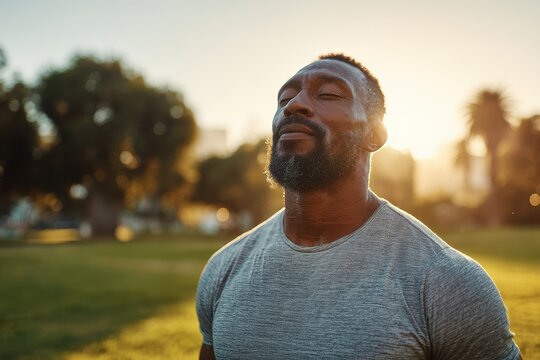 Outdoor portrait of a man taking a deep, calm breath in natural light