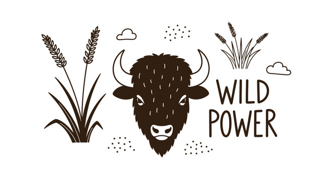 Bison head illustration with wheat stalks and wild power text in minimalist line art style.
