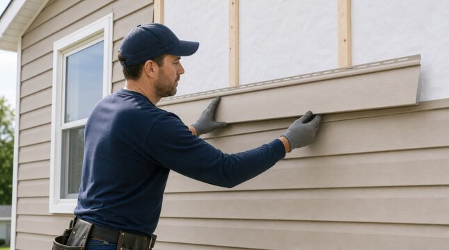 A man wearing gloves and a cap installs beige vinyl siding on an exterior house wall during a sunny day.