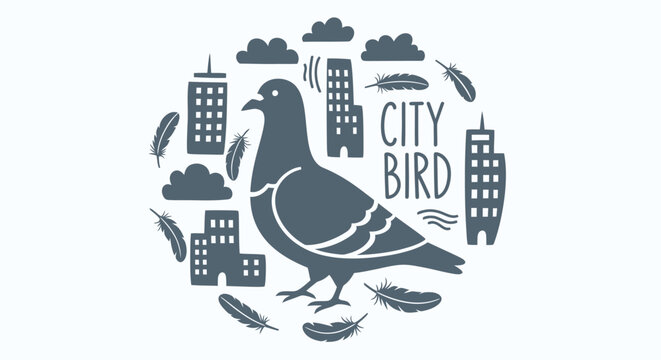 Minimalist circular graphic of a pigeon with urban skyline elements and City Bird typography.