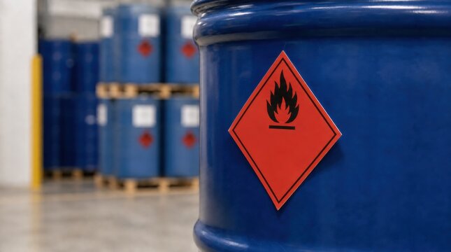 Blue barrels in a warehouse with red flammable hazard labels indicating the storage of combustible materials.
