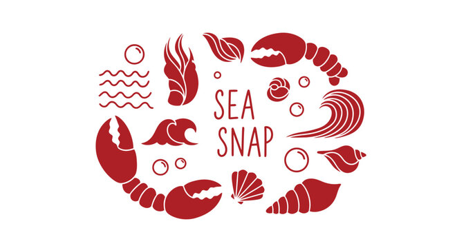 Red minimalist seafood logo design with lobster claws, seashells, and waves.