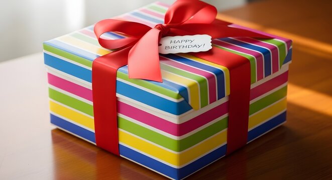 Colorful wrapped gift boxes with red ribbon bow. Vibrant festive presents stacked for celebration or corporate event.