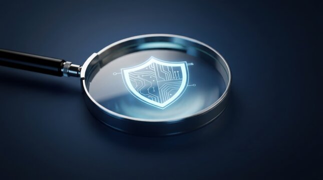 A magnifying glass focuses on a digital shield symbol, representing cybersecurity and data protection on a dark background.
