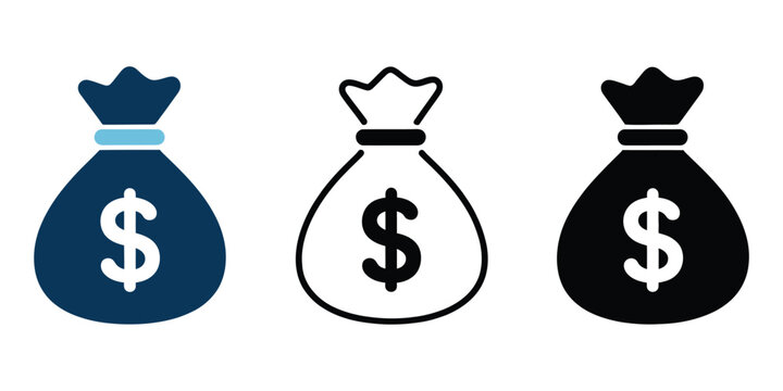 Money bag icon featuring multicolor filled and outline styles for cash savings, banking, finance, investment, and transparent background.