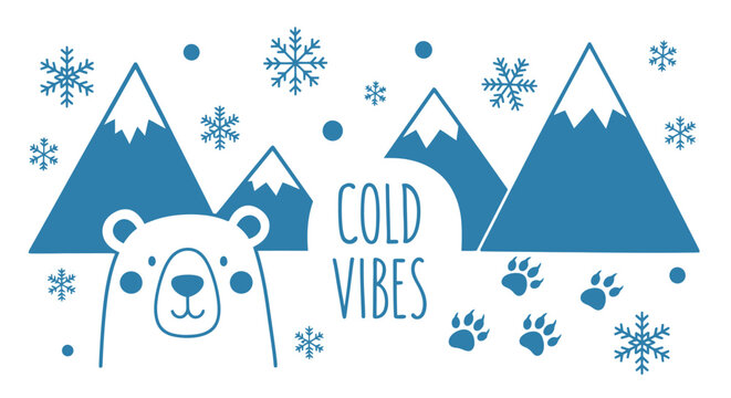 Minimalist winter illustration with cute polar bear, blue mountains, snowflakes, and Cold Vibes text.