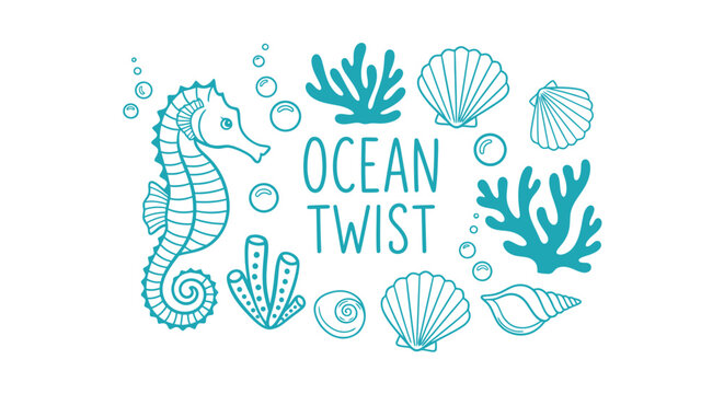 Turquoise seahorse and coral line art illustration with Ocean Twist text on white.