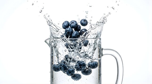 Fresh blueberries splashing into a clear glass pitcher with water