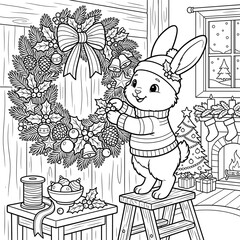 Fototapeta premium Cute Bunny Decorating Christmas Wreath Coloring Page
