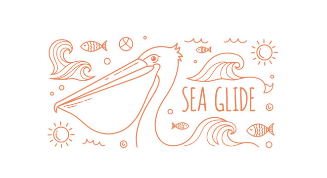 Minimalist monoline pelican line art with nautical symbols and Sea Glide text.