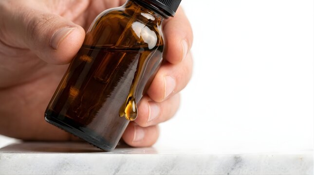 Hand holding a brown glass dropper bottle with serum on white background