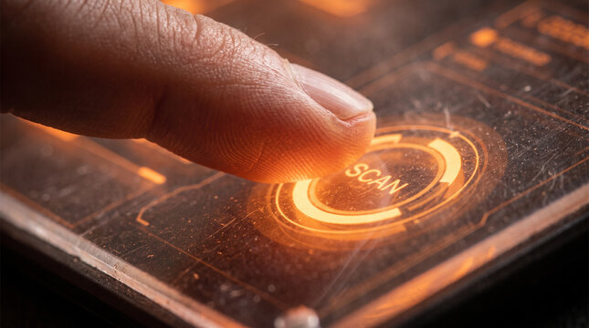 Close up of human finger scanning biometric security screen interface