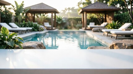 Fototapeta premium Luxury Pool with Lounge Chairs and Tropical Plants for Resort Design
