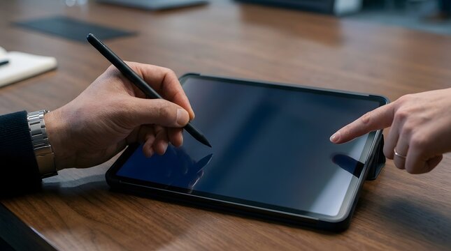 Business professional taking notes on digital tablet. Executive using touchscreen device for work planning and data entry.