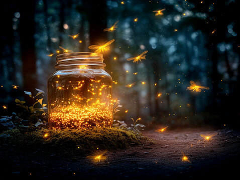 Glass jar filled with glowing fireflies