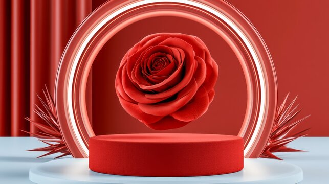 Elegant red rose floating above velvet round pedestal with modern arch