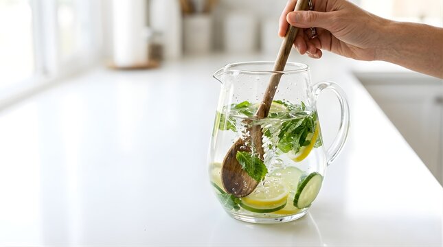 Hand stirring fresh detox water with lemon and mint in a glass pitcher