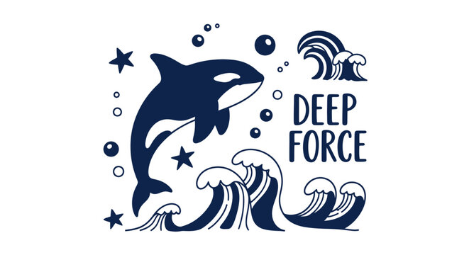 Minimalist navy blue illustration of a jumping orca whale with ocean waves and text Deep Force.