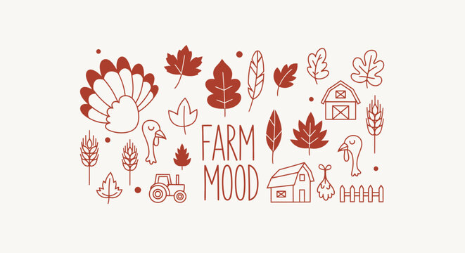 Minimalist farm mood illustration featuring autumn harvest icons, turkey, barn, and tractor line art.
