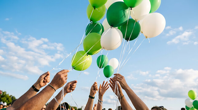 pakistan independence day Hands release a cluster of green and white balloons into the bright blue summer sky during an outdoor event.