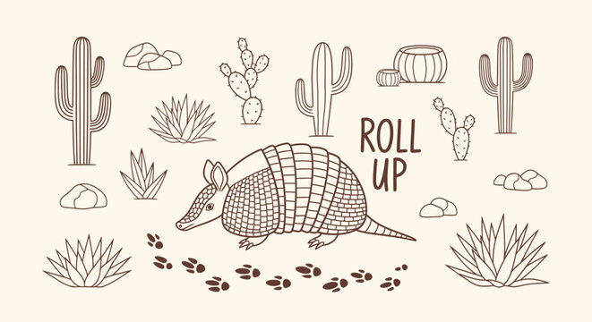 Minimalist line art collection featuring an armadillo, desert cacti, and paw footprints in a boho doodle style.