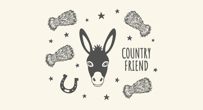 Vintage rustic donkey illustration with farm elements and country friend text.
