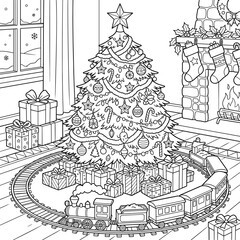 Fototapeta premium Christmas Tree and Train Coloring Page Vector Illustration