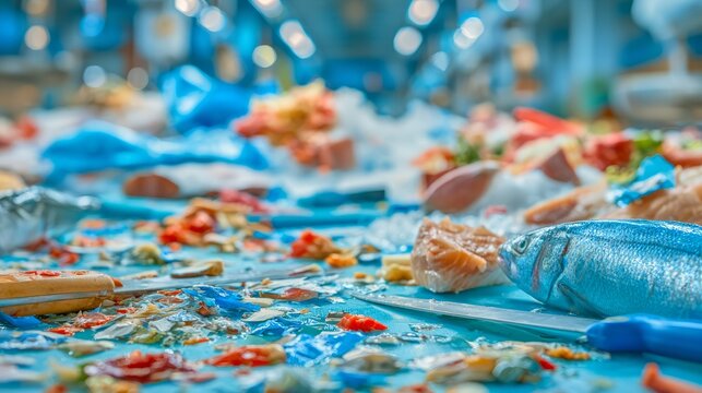 Close-up of fresh whole fish and seafood pieces on ice at market display