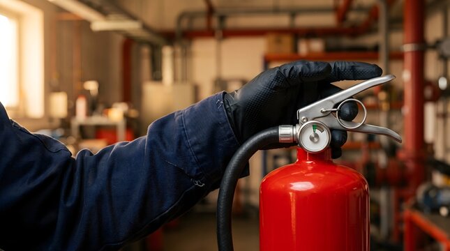 Close up of professional technician inspecting red fire extinguisher pressure gauge in industrial facility industrial fire safety equipment concept