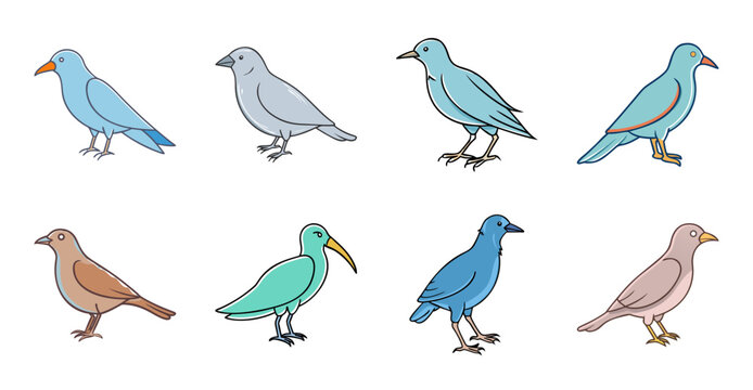 Colorful birds flying in a row - Six stylized birds in blue and brown shades flying together in a simple, clean design.