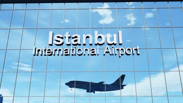 Istanbul Airport Terminal. Airliner arriving at Istanbul Airport with a modern terminal, ideal for aviation, air travel, transportation, tourism, and commercial travel content.