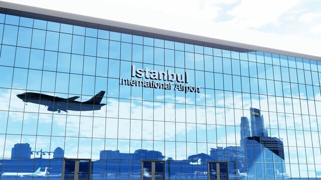 Istanbul Airport Terminal. Airliner arriving at Istanbul Airport with a modern terminal, ideal for aviation, air travel, transportation, tourism, and commercial travel content.