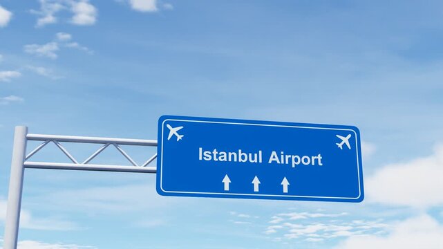 Istanbul Airport highway sign with a commercial airplane flying overhead, ideal for aviation, air travel, transportation, tourism, and infrastructure content.