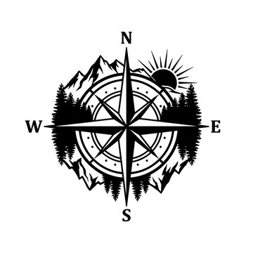 Detailed compass with mountain silhouettes, pine trees, and a rising sun, rendered in black and white on a clean white background