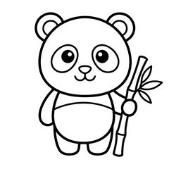 Fototapeta premium Cute baby panda bear holding a single bamboo stalk, simple black and white line for children coloring book page isolated on white