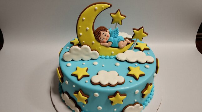 Blue cake decorated with cute baby angel sleeping on yellow moon. Food dessert white clouds, stars gingerbread cookies. Sweet treat for baptism party first birthday celebration of newborn boy.