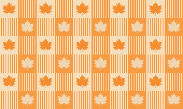 Warm autumn maple leaf plaid seamless pattern, orange and cream thanksgiving checkered background
