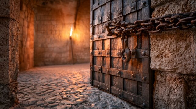 Ancient iron door with heavy chains and lock in stone corridor with torch