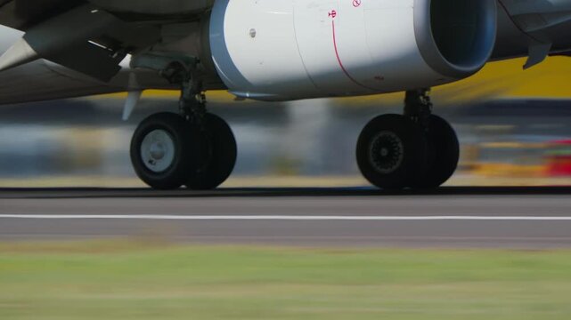 Extreme closeup of commercial passenger jet main landing gear and jet engine touching down and rolling on runway, motion blur background, daylight, dynamic low angle view.