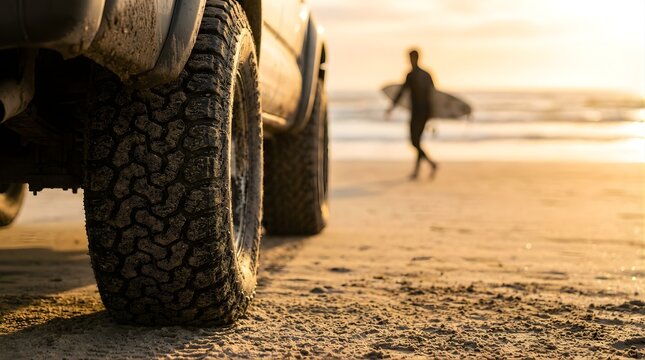 Offroad truck tire parked on sandy beach with surfer walking at sunset