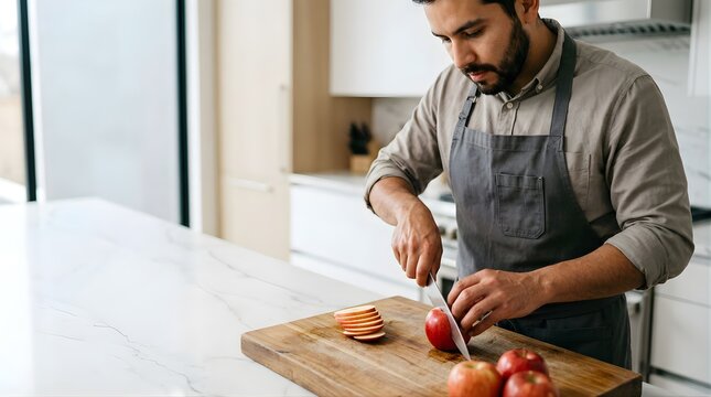 Professional chef slicing fresh red apples on a wooden cutting board in kitchen