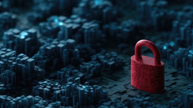 Red Padlock Securing Digital Abstract Data Landscape.