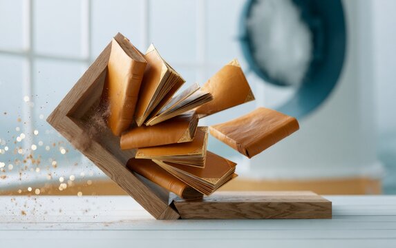 Open old book pages flipping in wooden book holder with airborne dust particles