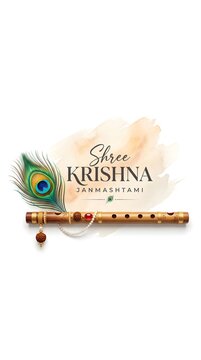 Shree Krishna Janmashtami Greeting with Peacock Feather and Flute, Elegant Hindu Festival Banner for Greeting Cards, Invitations, Posters, Social Media and Celebration Design