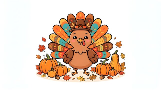 Festive thanksgiving background with cartoon turkey autumn harvest elements