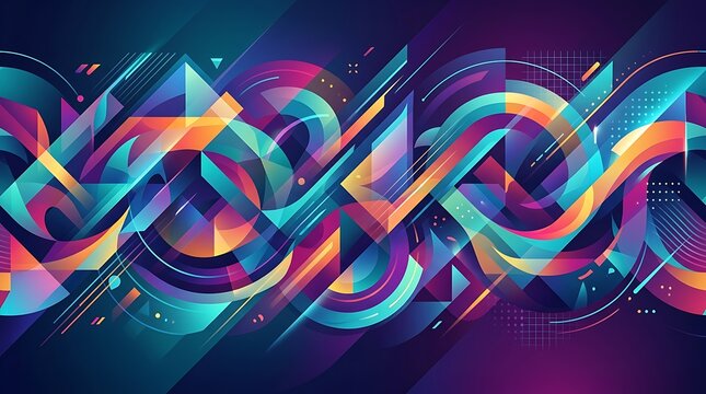 Abstract digital art background featuring vibrant flowing neon curves and geometric shapes with a dynamic colorful gradient style for modern creative design projects