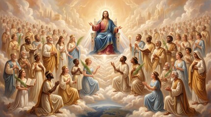 Obraz premium Jesus Christ sitting on throne in heaven with saints and angels. Religious scene depicting souls worshiping and praising God. Biblical art illustrating afterlife and divine kingdom.