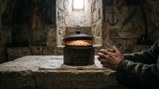Old man praying in front of glowing relic box in ancient stone church. Spiritual atmosphere in sanctuary. Religious worship, meditation, faith and christian tradition concept.