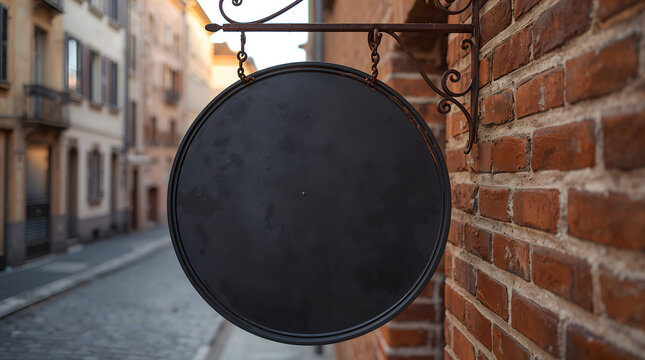 Blank circular iron sign hanging on rustic bracket creates elegant and atmospheric vintage european style generative AI