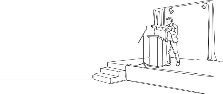 continuous line drawing of a speaker giving a presentation or speech on stage with a podium and microphone, line art vector illustration